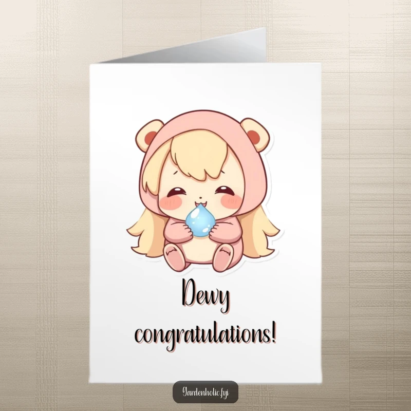Funny Free Printable Congratulations Card featuring a character happily cradling a tiny, shimmering dewdrop, symbolizing a valued accomplishment.