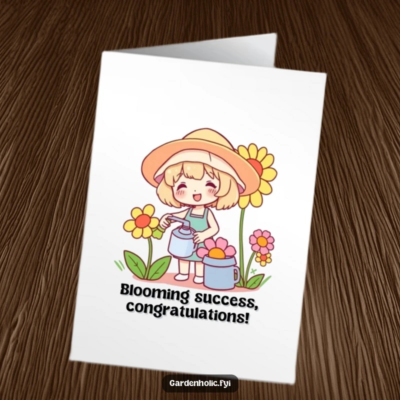 Funny free printable congratulations card of a character watering an enormous flower, symbolizing their blossoming success.