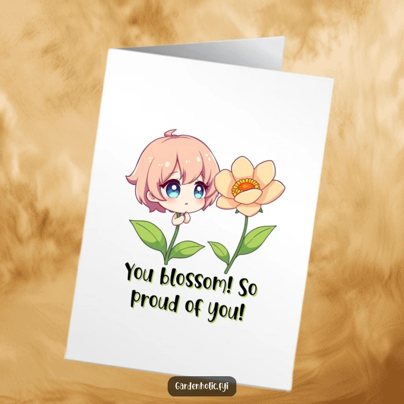 Funny Free Printable Congratulations Card: Character admiring a vibrant flower, beauty of success, downloadable gift.