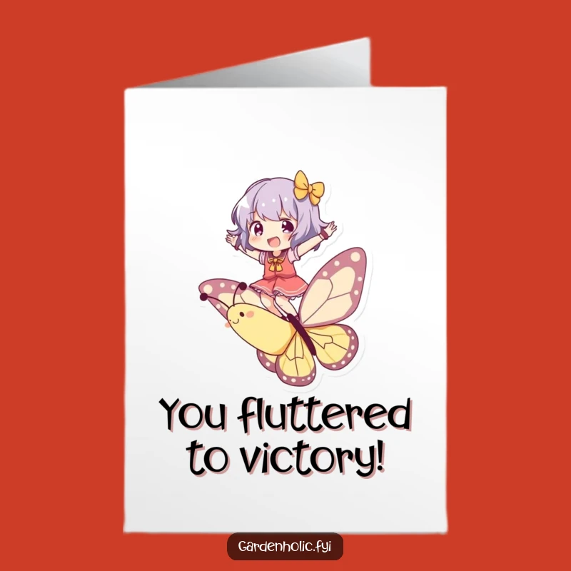 Free Printable Congrats Card: Butterfly Balancing Character, Uplifting Downloadable Greeting for New Adventures