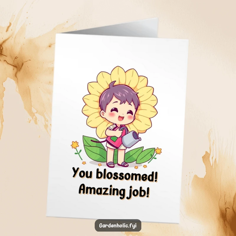 Funny Free Printable congratulations card of a character watering a huge, happy flower, celebrating growth and achievement.
