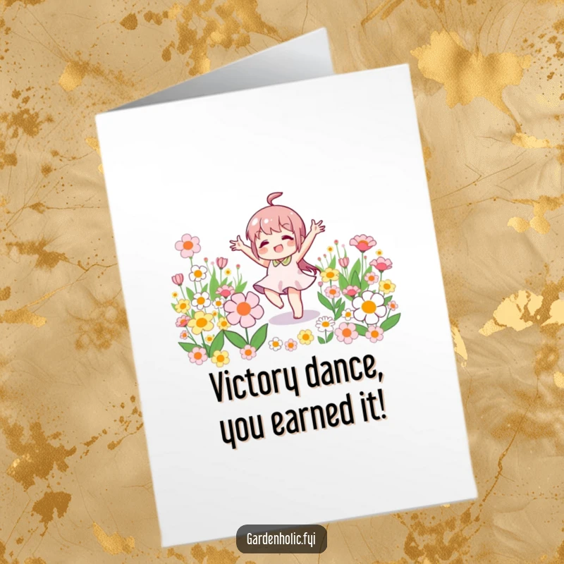 Funny Free Printable Congrats Card: Little character doing a jubilant victory dance surrounded by colorful blooming flowers.