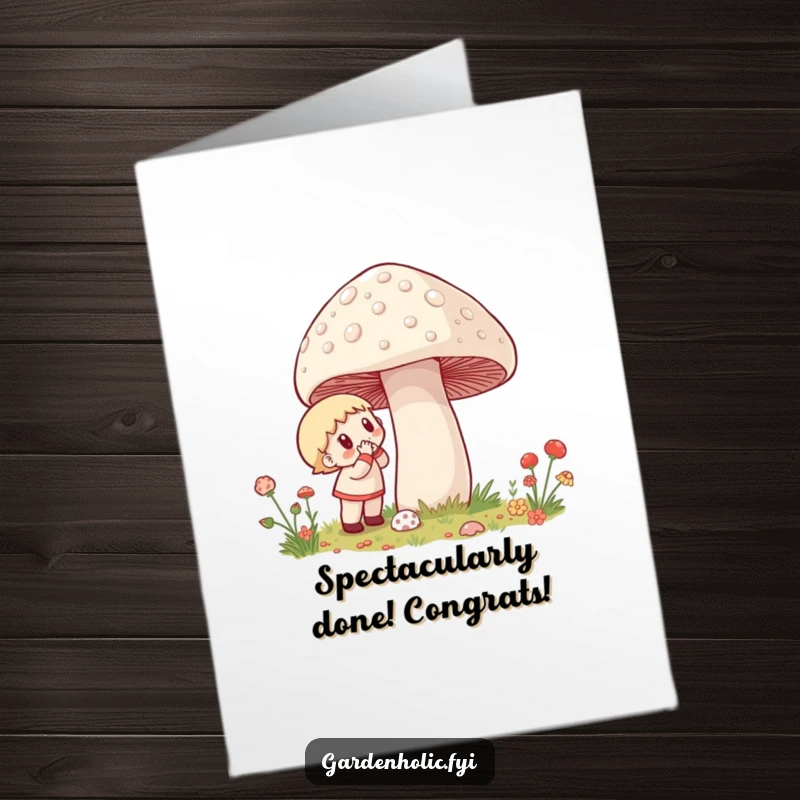 Funny Free Printable Congrats Card: Character looks on with wide-eyed excitement at a massive, dew-kissed mushroom.