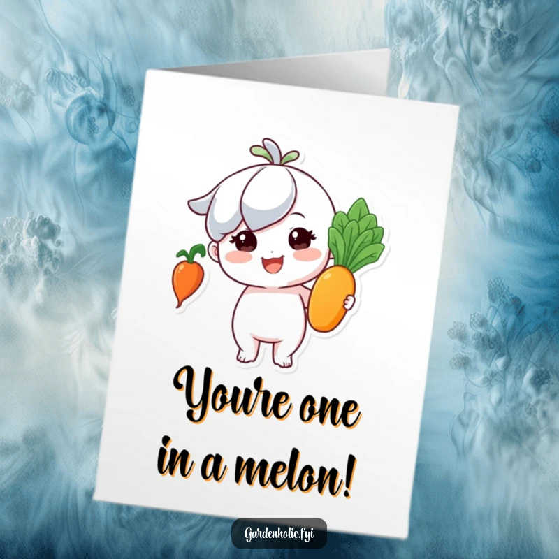 Funny free printable congratulations card with a proud tiny character holding a perfect, shiny vegetable, celebrating a successful harvest.
