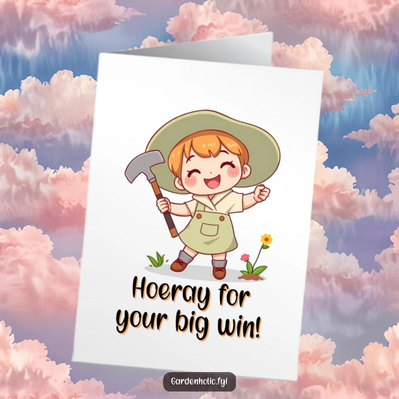 Funny Free Printable Congratulations Card showing a character joyfully swinging a gardening hoe, smiling determinedly.