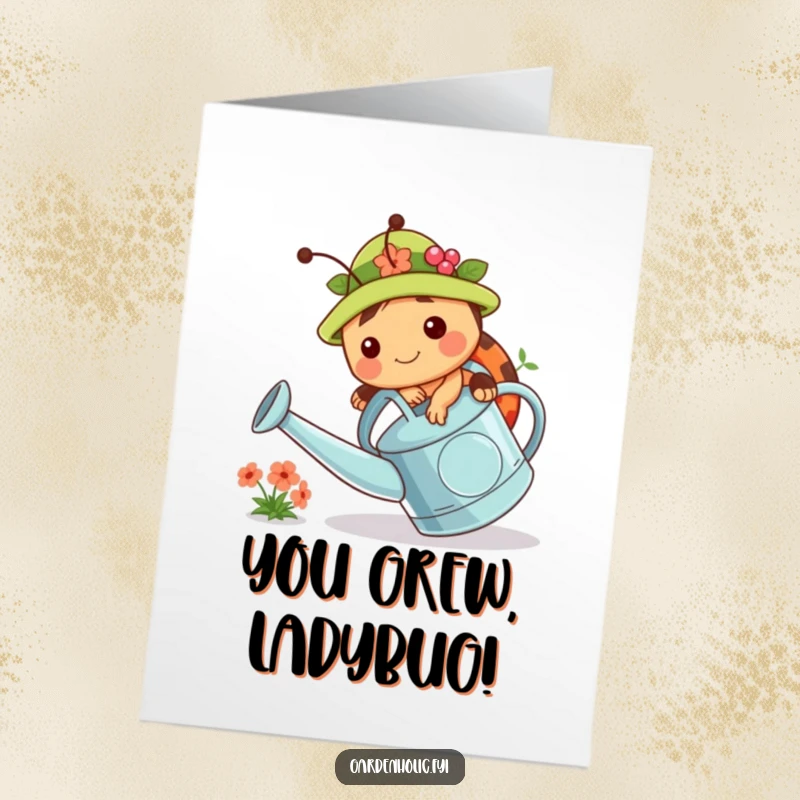 Funny Free Printable Congratulations Card: Chubby ladybug in garden hat tripping over a large watering can.