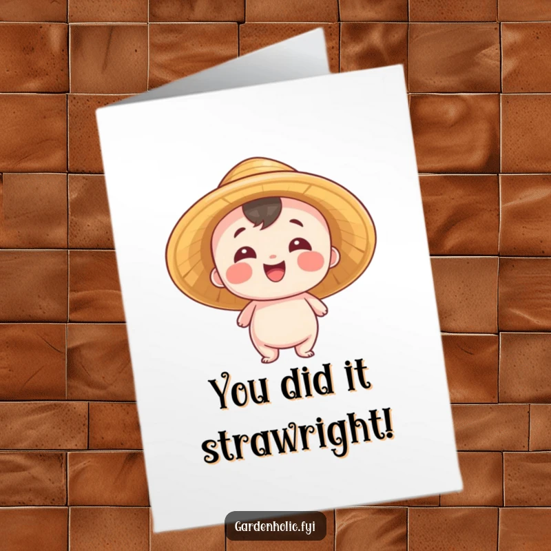 Funny Free Printable Congratulations Card: Small entity in a straw hat beams with pride, celebrating an achievement.