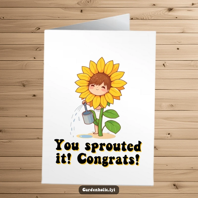Funny Free Printable Congratulations Card: Small character joyfully watering a single, giant sunflower, celebrating successful growth.