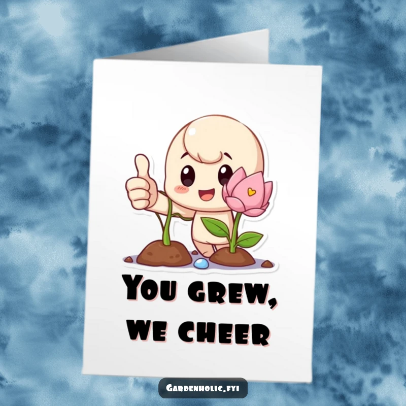 Free Printable Congratulations Card: A proud character gives a thumbs up beside a flourishing, blooming sprout.