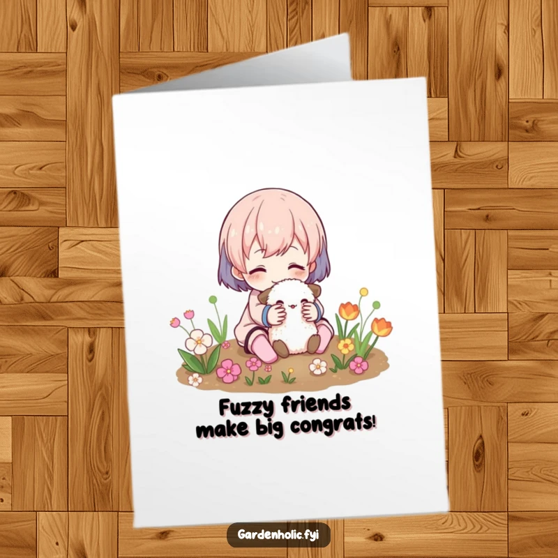 Funny Free Printable Congrats Card: Character shares a sweet cuddle with a fuzzy garden creature, celebrating success with joy.