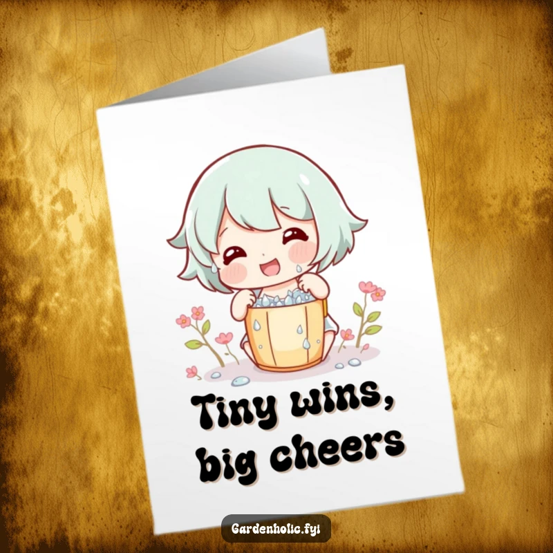 Free Printable Congratulations Card: Character joyfully collects tiny dew drops in a miniature bucket, celebrating success.