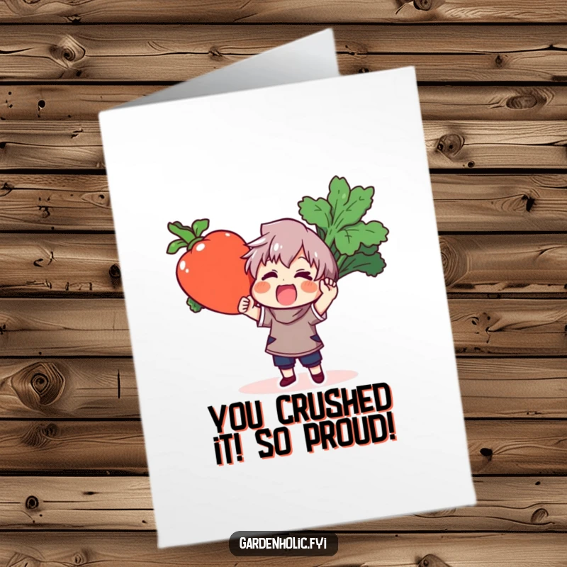 Funny Free Printable Congrats Card: Character triumphantly displays a massive, colorful vegetable, celebrating a big win.
