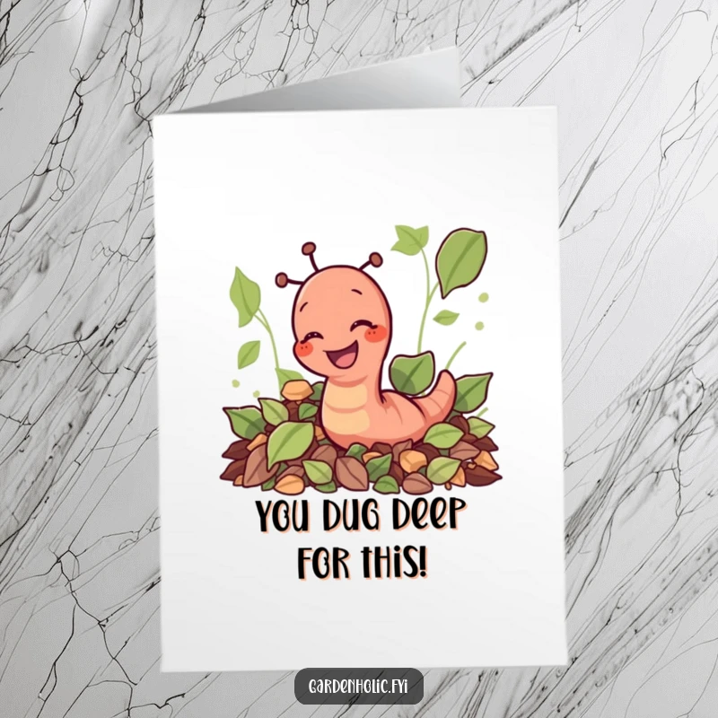 Funny Free Printable Earthworm Congratulations Card: Playful worm in leaves, congratulating achievements. Downloadable and amusing.
