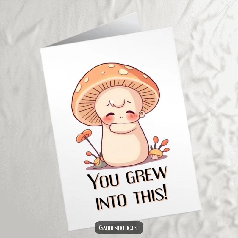 Funny Free Printable Congratulations Card with a character embracing a giant, soft mushroom, sending warm wishes for success.