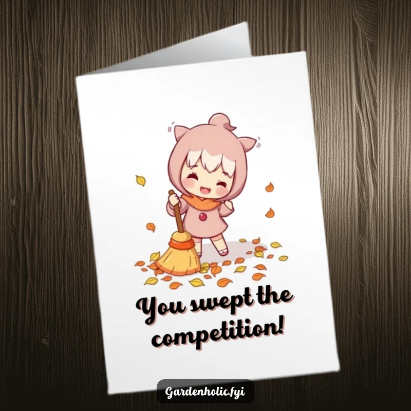 Funny Free Printable Congratulations Card with a character enthusiastically sweeping fallen leaves, celebrating a successful outcome.