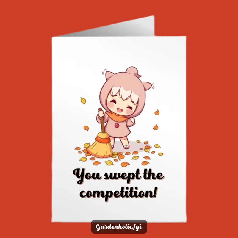 Free Printable Congrats Card: Leaf Sweeping Character, Tidy Downloadable Greeting for a Clean Sweep