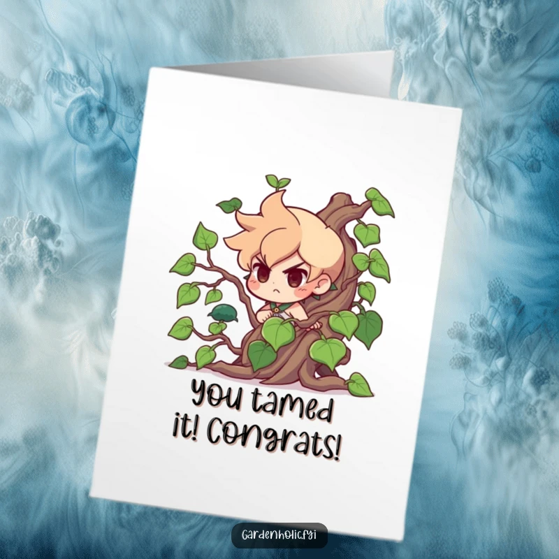 Funny Free Printable Congratulations Card: Determined character wrestling a giant vine, celebrating a huge accomplishment.