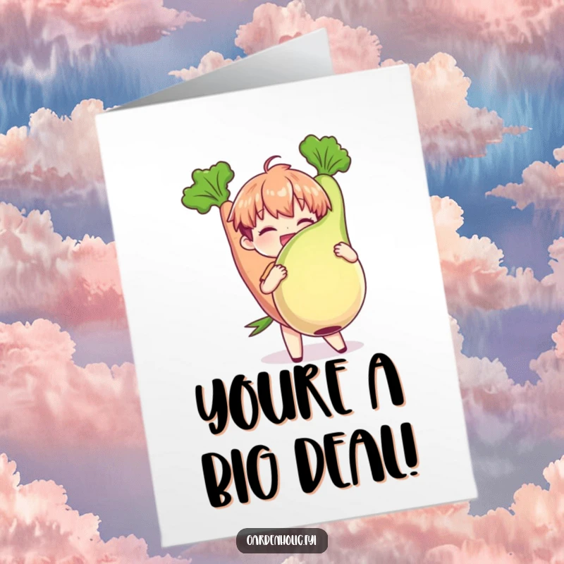 Funny Free Printable Congratulations Card: Character joyfully holding a plump, oversized carrot, celebrating a major win.