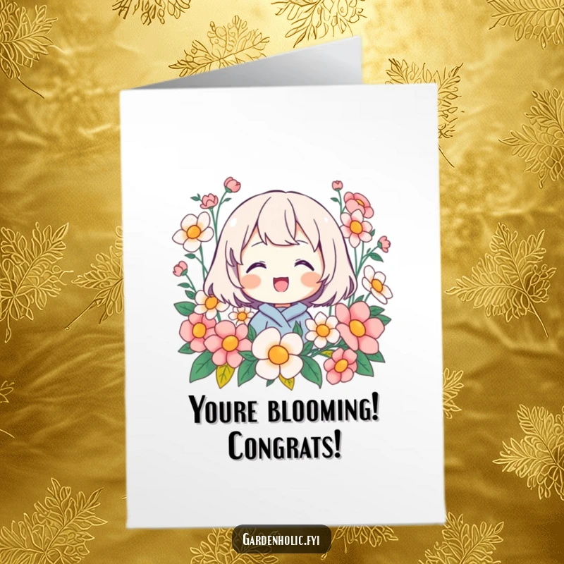 Funny Free Printable Congratulations Card: Character radiating joy amidst a garden of blooming flowers, celebrating success.