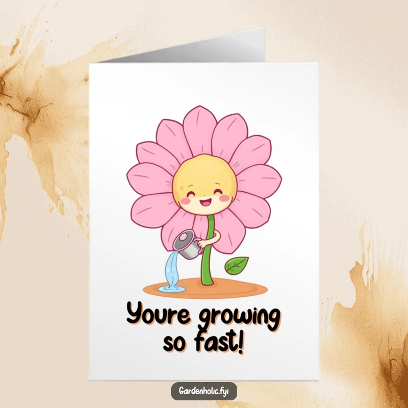 Funny Free Printable Sprout Congratulations Card: Cheerful sprout watering a happy flower, perfect for celebrations. Downloadable and unique.