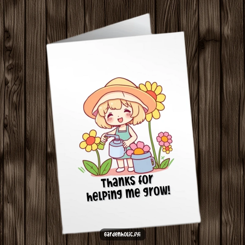 Funny free printable thank you card featuring a character cheerfully watering a comically large flower, showing deep gratitude.