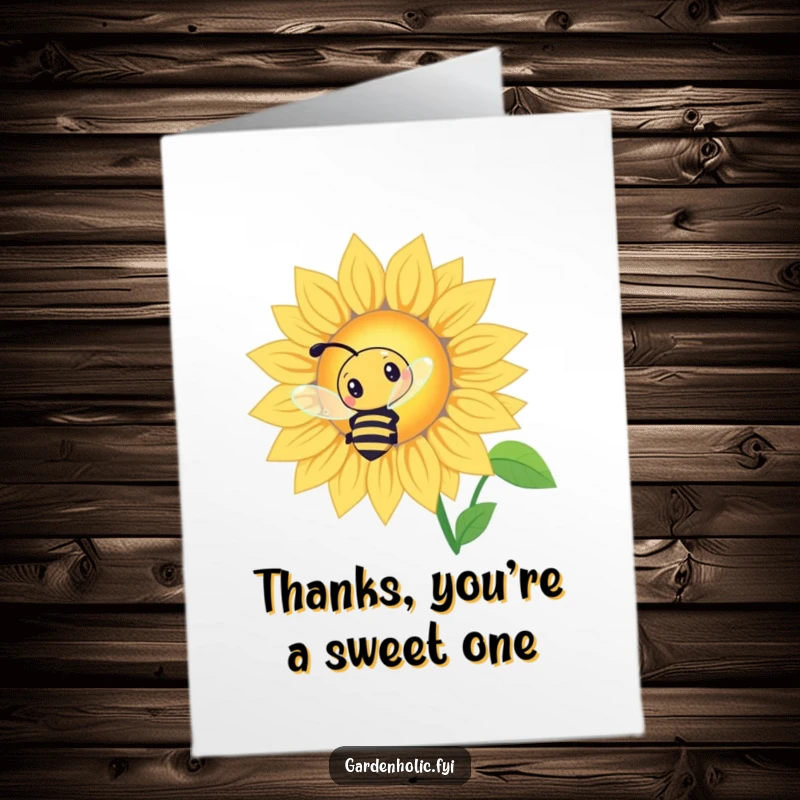 Funny Free Printable Thank You Card: Curious bee character buzzing around a glowing sunflower to show thanks. DIY gift.
