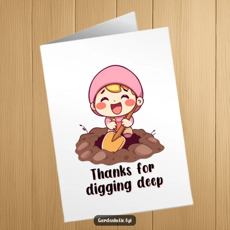 Funny Free Printable Thank You Card: Character happily digging a hole, offering a shovel as a thank you.