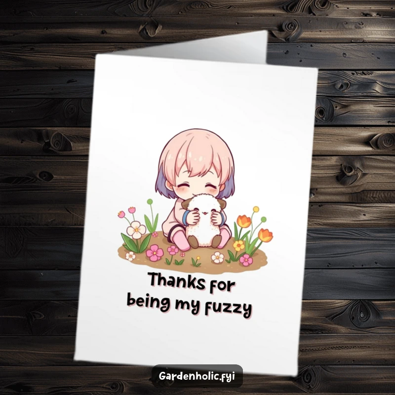 Funny Free Printable Thank You Card: Character offering a warm cuddle to a fuzzy creature in a garden, expressing sincere gratitude.