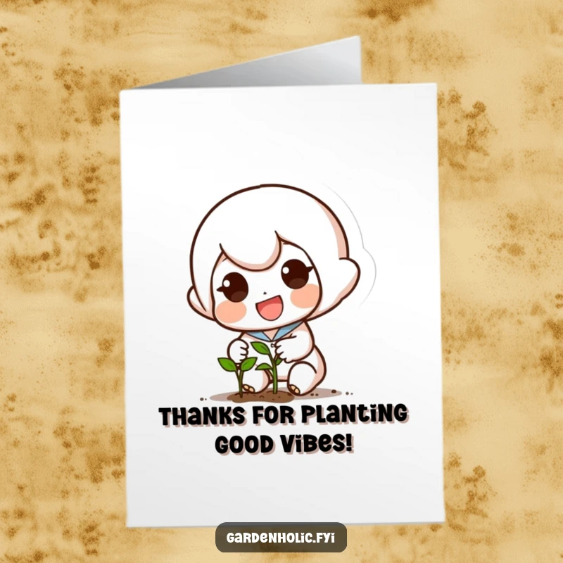 Funny Free Printable Thank You Card: Small character with a determined smile planting a tiny seed, symbolizing growing thanks.