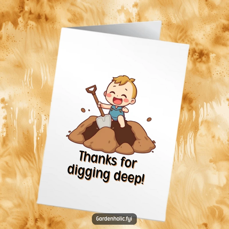 Funny Free Printable Thank You Card showing a character digging a giant hole with a comically small shovel, symbolizing gratitude.