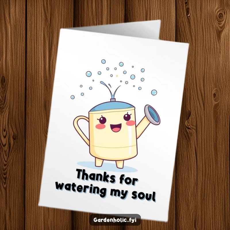 Funny Free Printable Thank You Card: Proud watering can character showering tiny droplets to express gratitude. DIY gift.