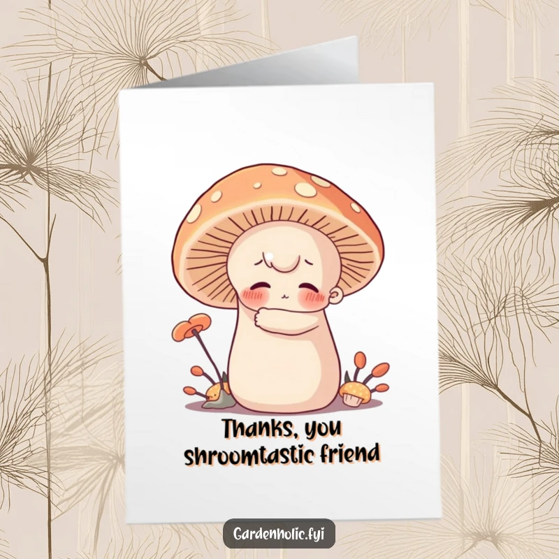 Funny Free Printable Thank You Card showing a character hugging a giant, soft mushroom, expressing warm and cozy thanks.