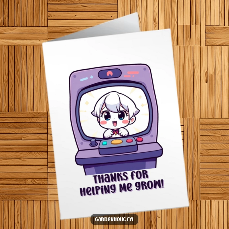 Funny free printable thank you card with a charming character delighted by a sprouting seedling, expressing heartfelt thanks.