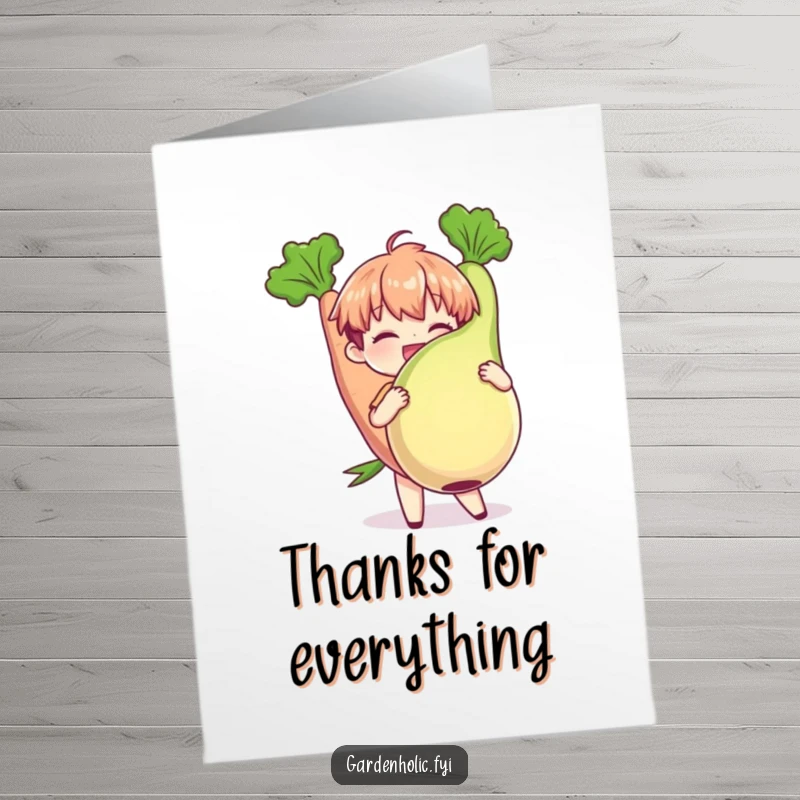 Funny Free Printable Thank You Card: Character joyfully holding a plump, oversized tomato, expressing thanks.