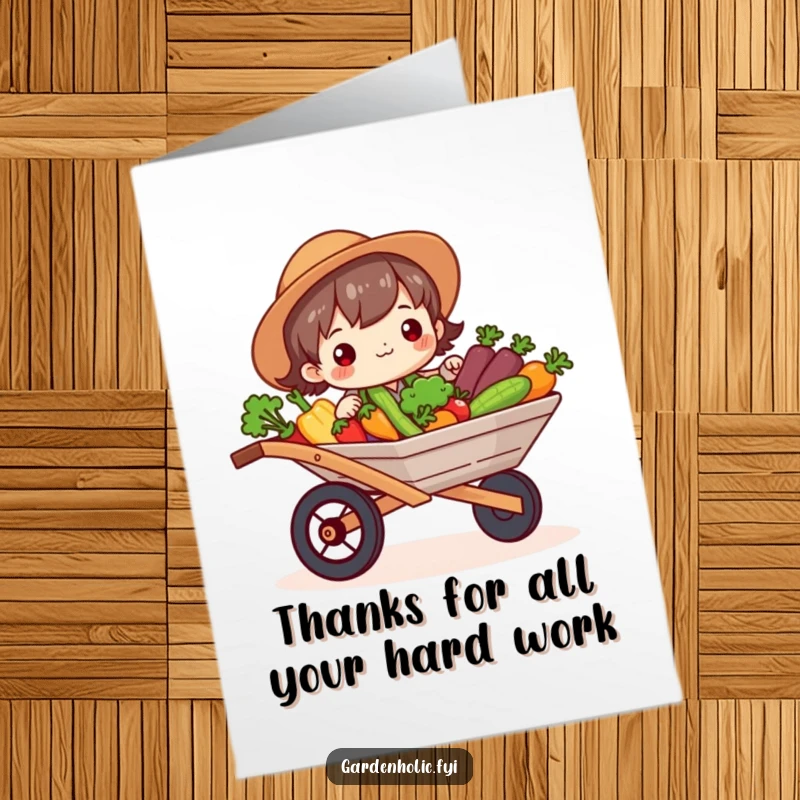 Funny Free Printable Thank You Card: Cute character beaming, presenting a wheelbarrow loaded with fresh, bright vegetables.