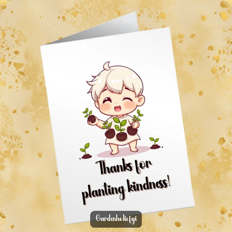 Funny Free Printable Thank You Card featuring a cheerful character juggling three tiny seedlings with a look of tender care.
