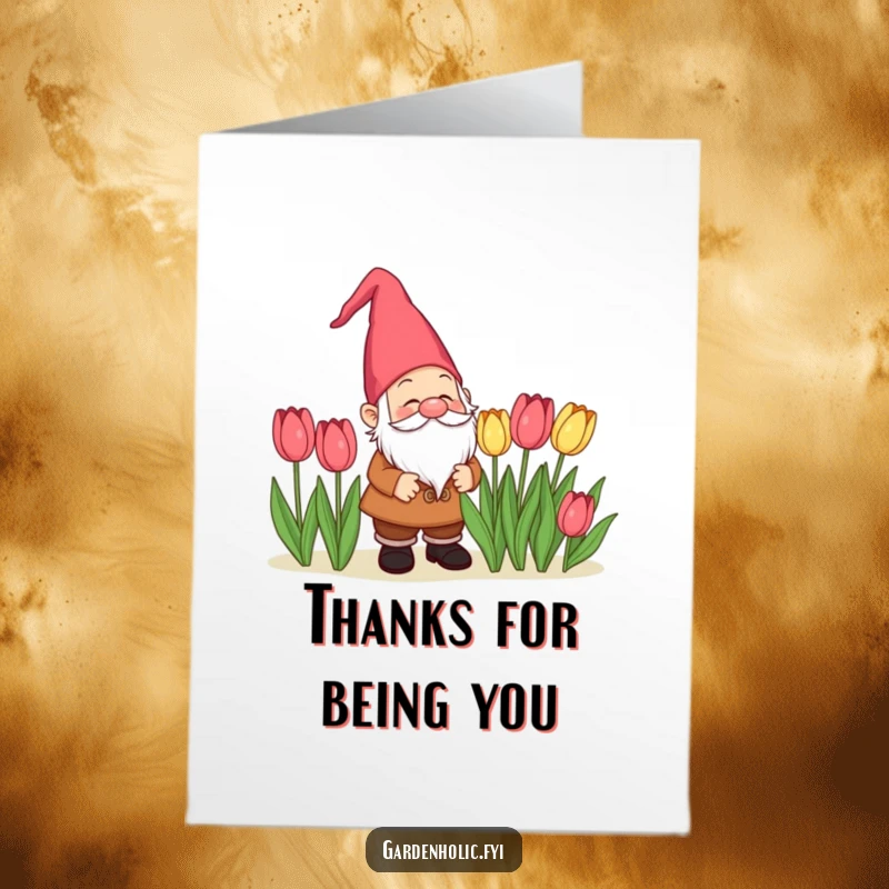 Funny Free Printable Gnome Thank You Card: Delighted gnome admiring tulips, expressing thanks. Cute, downloadable garden card.