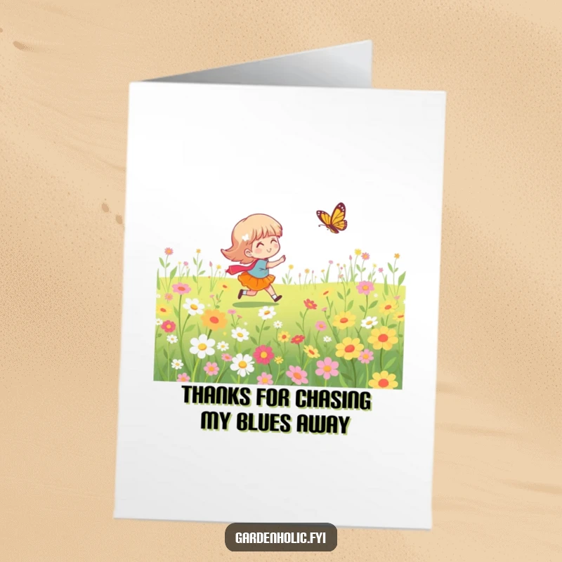 Funny Free Printable Thank You Card: Whimsical character delighted in chasing a butterfly through a meadow of blossoms, an expression of thanks.