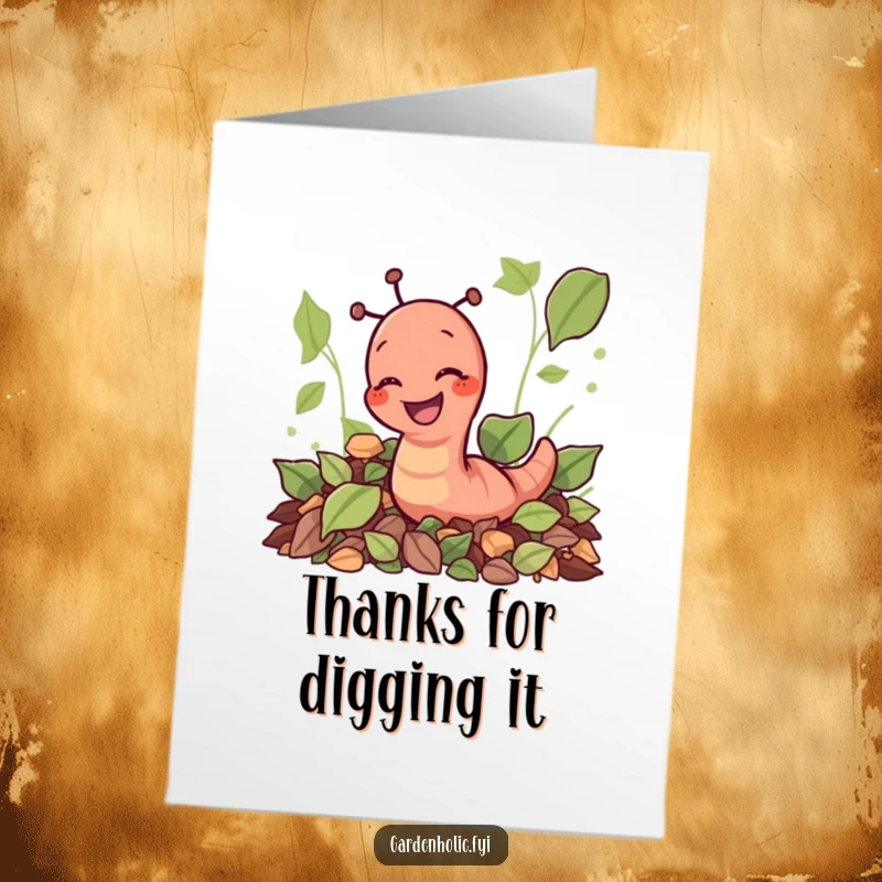 Funny Free Printable Earthworm Thank You Card: Giggling worm among leaves, expressing gratitude. Cute, downloadable thank you.