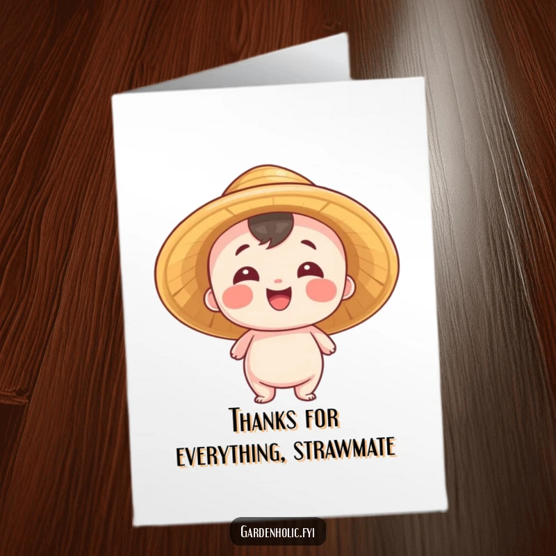 Funny Free Printable Thank You Card: Small entity in a straw hat beams with pride, expressing thanks.