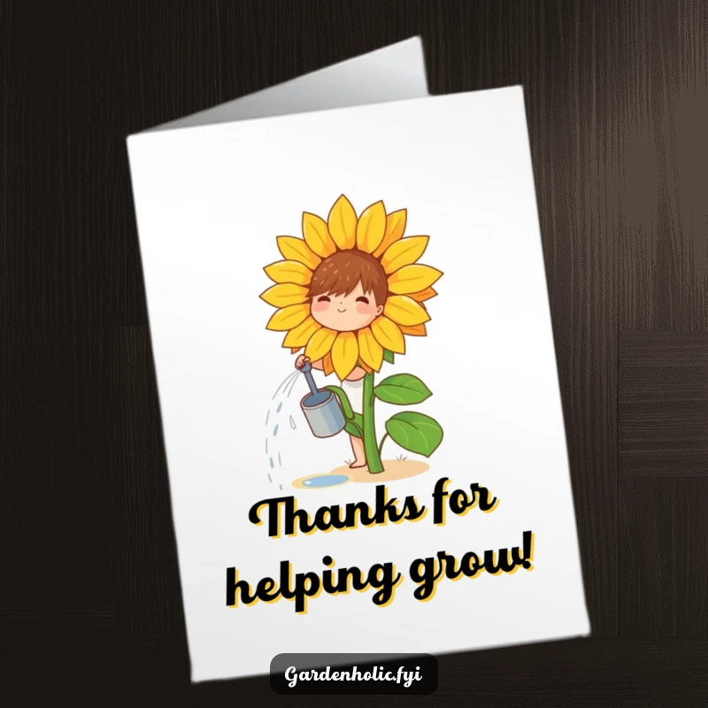 Funny Free Printable Thank You Card: Small character joyfully watering a single, giant sunflower, expressing gratitude for nurturing support.