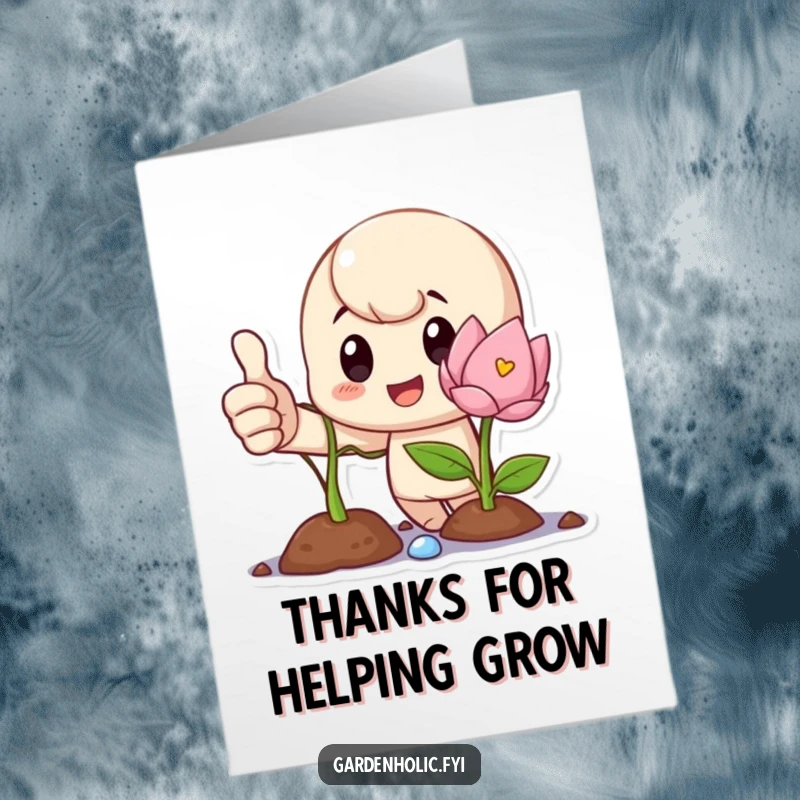 Funny Free Printable Thank You Card: Character proudly gives a thumbs up next to a healthy, blooming sprout.