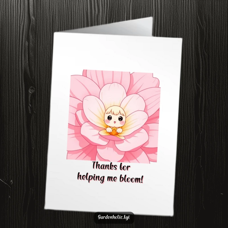 Funny Free Printable Thank You Card showing a small character peeking out from a giant flower bloom with wide eyes, conveying thanks.