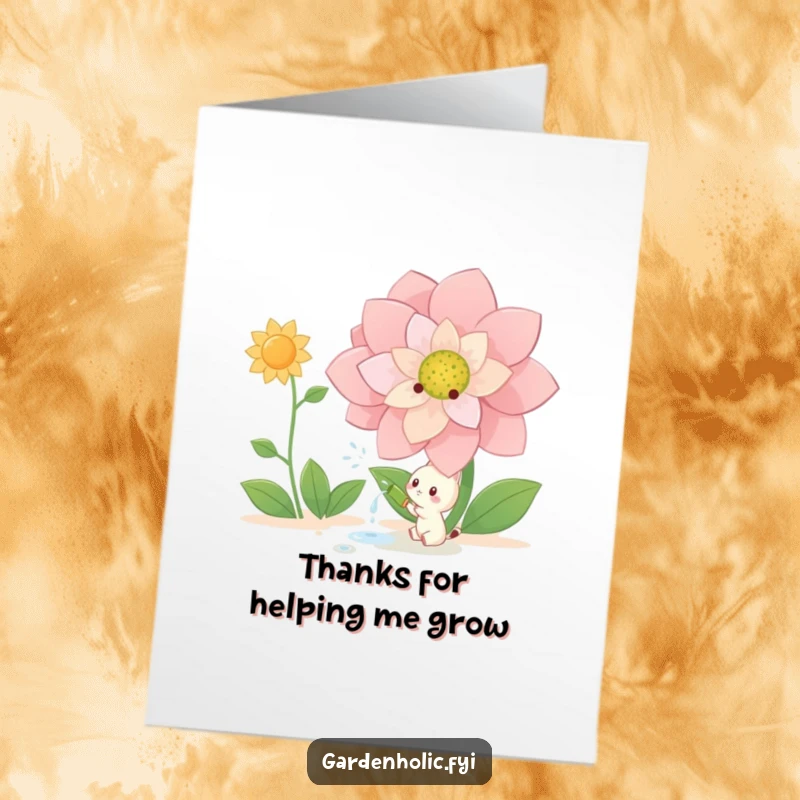 Funny Free Printable Thank You Card: Small creature happily watering a large, beautiful flower, expressing thanks.