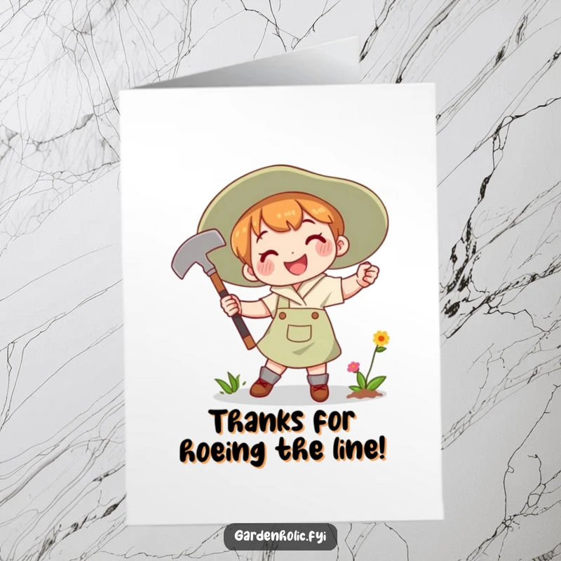 Funny Free Printable Thank You Card of a character joyfully swinging a gardening hoe with a determined smile, expressing thanks.