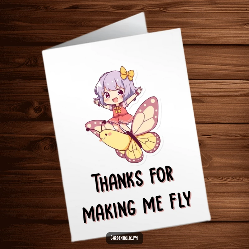 Funny Free Printable Thank You Card featuring a character joyfully balancing on a playful butterfly, expressing lighthearted gratitude.