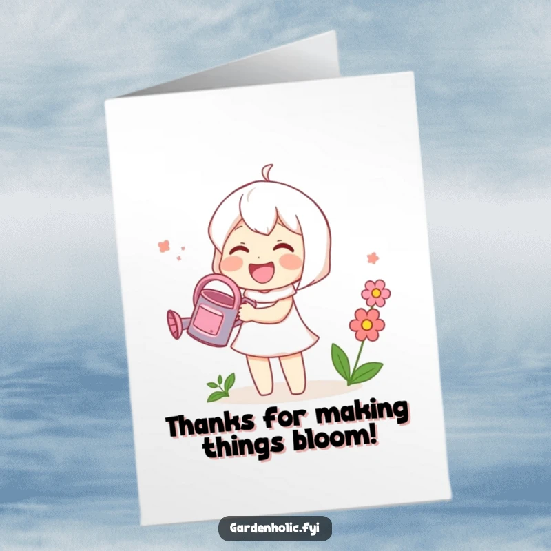 Funny Free Printable Thank You Card: Cute character happily watering a beautiful flower, a gesture of blooming appreciation.