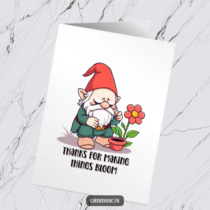 Funny Free Printable Thank You Card: Grumpy garden gnome watering a plastic plant, a comical way to express gratitude. Downloadable gift.