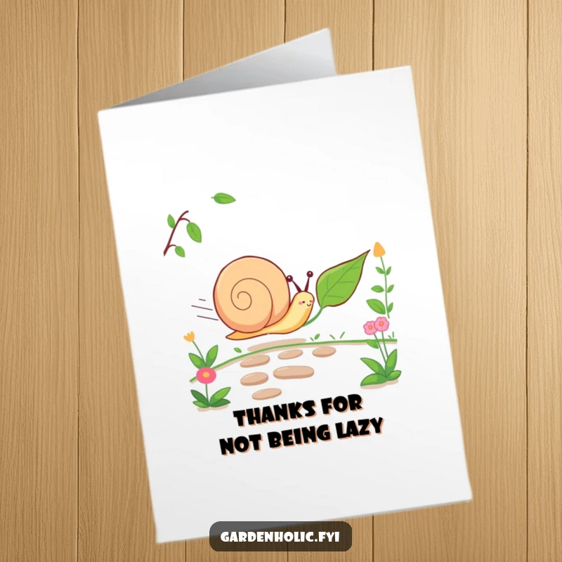 Funny Free Printable Thank You Card: Cheerful snail character in a slow race with a leaf, expressing thanks.