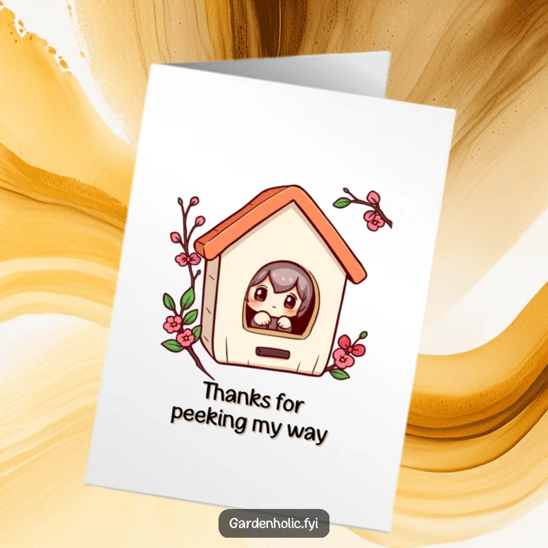 Funny Free Printable Thank You Card: A curious character peeking into a small birdhouse, conveying a thoughtful and humorous message.
